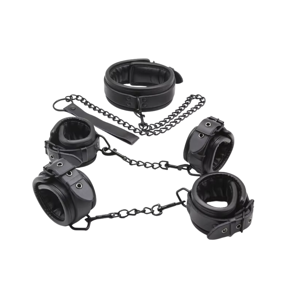 3-Piece Padded Leather Restraint Set with Adjustable Collar & Cuffs7 3-Piece Padded Leather Restraint Set with Adjustable Collar & Cuffs